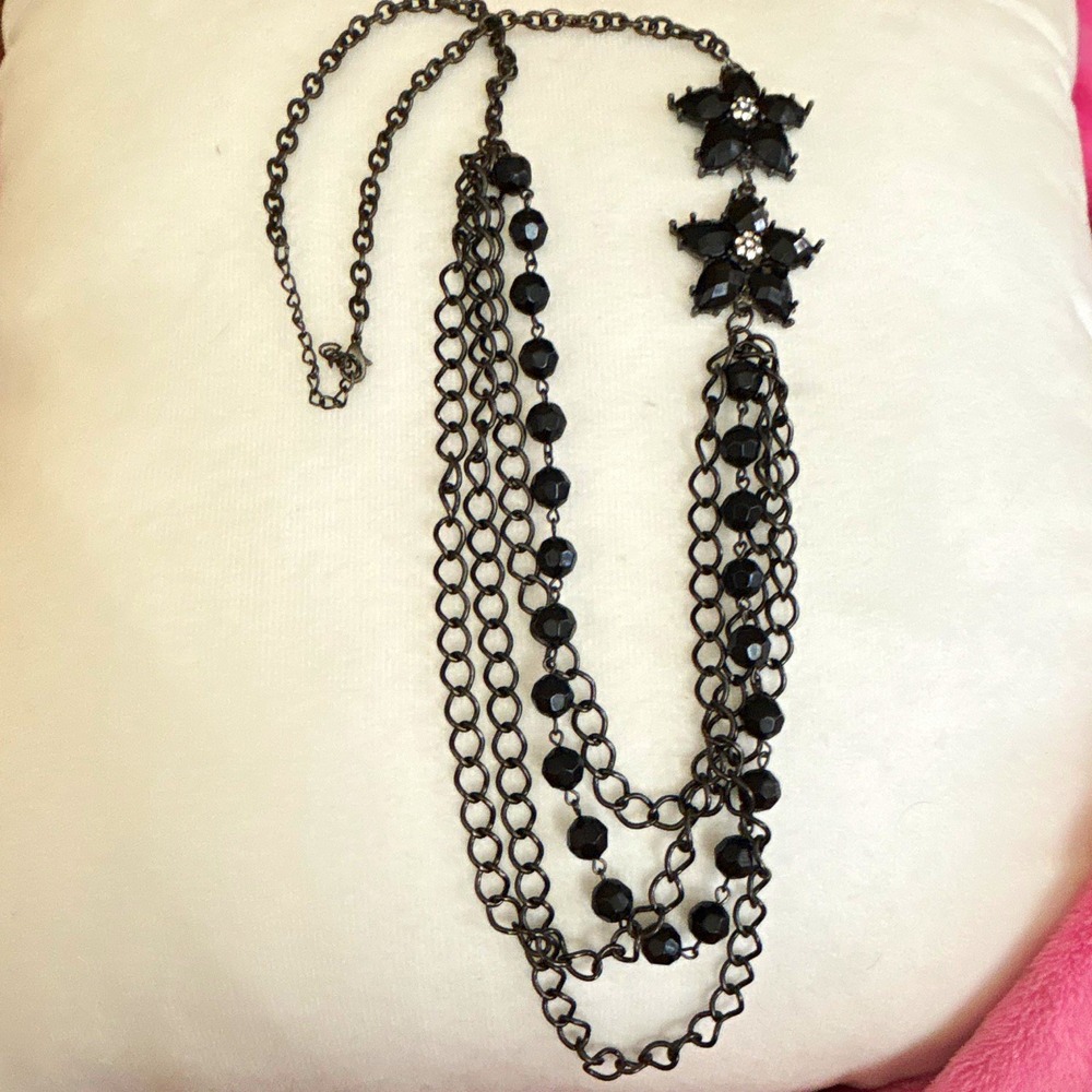 Black Multi Strand Layered Statement Necklace Gunmetal Chain Flower Bead Gothic